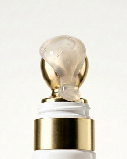 Lip butter with gold cap and white label on a light gray background