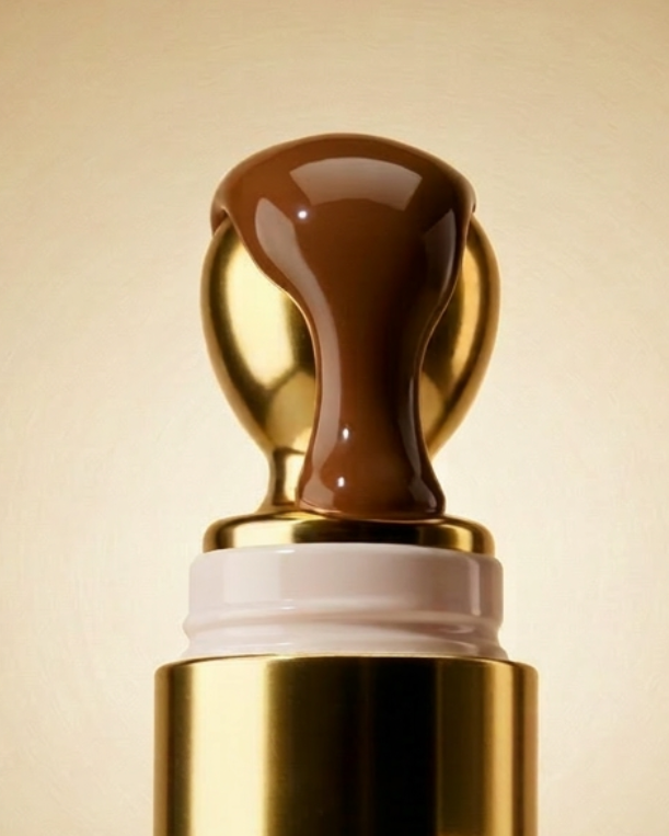 Lip butter with gold cap and brown label on a light brown background