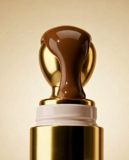 Lip butter with gold cap and brown label on a light brown background