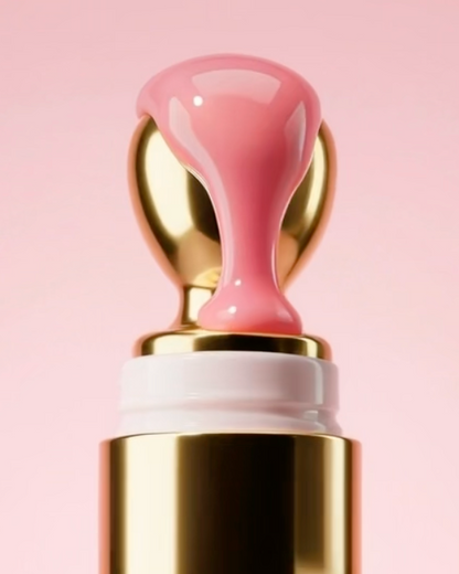 Lip butter with gold cap and pink label on a light pink background